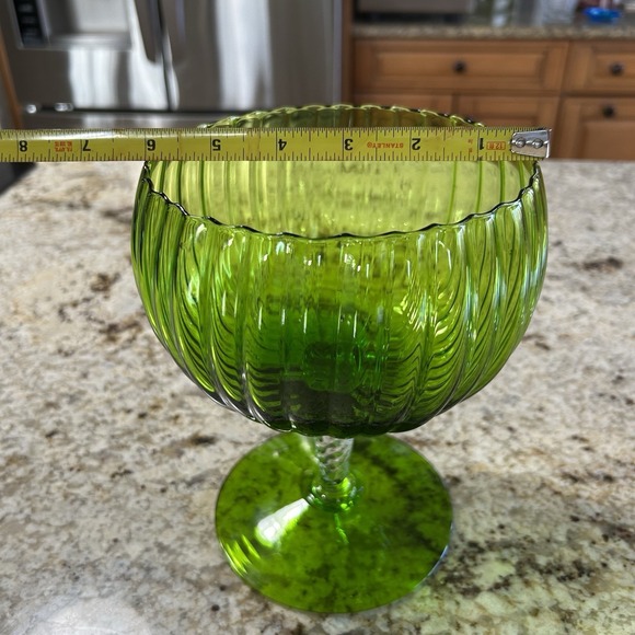Vintage Empoli Green Ribbed Glass Pedestal Compote Bowl Scalloped Rim - Picture 7 of 7